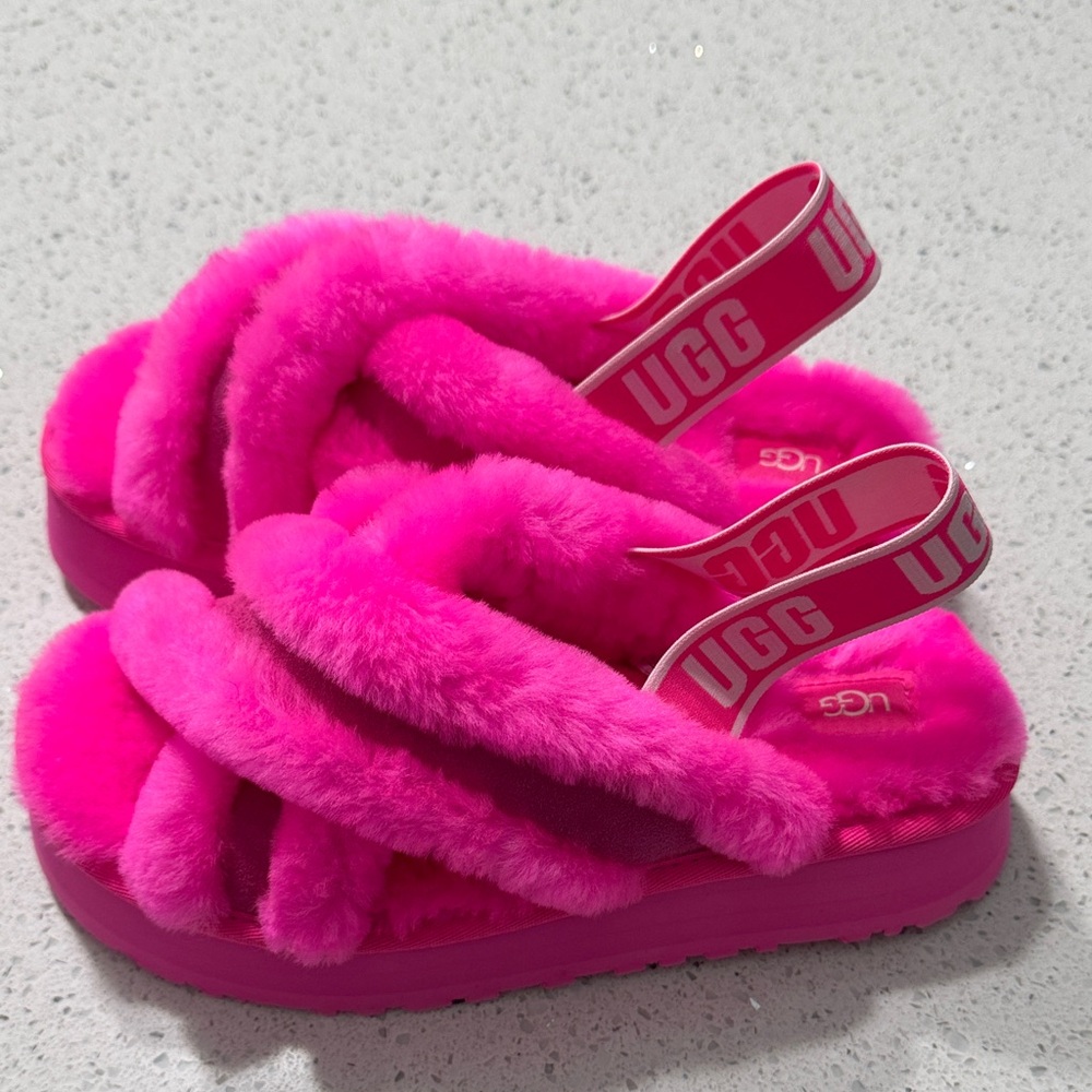 UGG Vibrant Pink Fluffy Slides